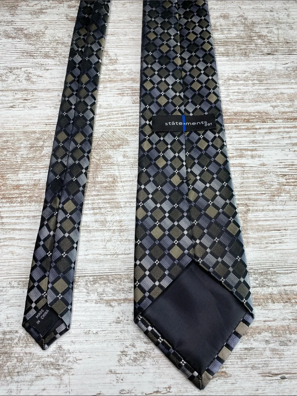 Statements 100% Silk Tie Gray Black Tan Plaid Check Necktie Mens 58”